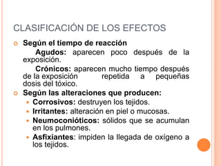 CLASIFICACIÓN DE LOS EFECTOS
 Según el tiempo de reacción
Agudos: aparecen poco después de la
exposición.
Crónicos: aparecen mucho tiempo después
de la exposición repetida a pequeñas
dosis del tóxico.
 Según las alteraciones que producen:
 Corrosivos: destruyen los tejidos.
 Irritantes: alteración en piel o mucosas.
 Neumoconióticos: sólidos que se acumulan
en los pulmones.
 Asfixiantes: impiden la llegada de oxígeno a
los tejidos.
 