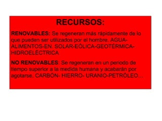 RECURSOS: RENOVABLES:  Se regeneran más rápidamente de lo que pueden ser utilizados por el hombre. AGUA-ALIMENTOS-EN. SOLA...