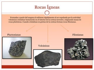 Rocas Ígneas

   Formadas a partir del magma al enfriarse rápidamente al ser expulsado por la actividad
 volcánicas cristalizar lentamente en el interior de la corteza terrestre, originando masas de
 rocas plutónicas. Cuando cristalizan en grietas de la corteza forman rocas filonianas.




Pluctonianas                                                                      Filonianas



                                       Volcánicas
 