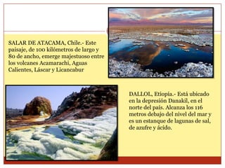 SALAR DE ATACAMA, Chile.- Este
paisaje, de 100 kilómetros de largo y
80 de ancho, emerge majestuoso entre
los volcanes Acamarachi, Aguas
Calientes, Láscar y Licancabur



                                        DALLOL, Etiopía.- Está ubicado
                                        en la depresión Danakil, en el
                                        norte del país. Alcanza los 116
                                        metros debajo del nivel del mar y
                                        es un estanque de lagunas de sal,
                                        de azufre y ácido.
 