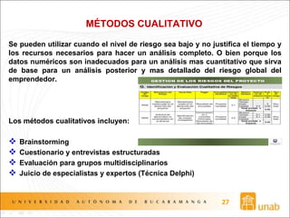 MÉTODOS CUALITATIVO
Se pueden utilizar cuando el nivel de riesgo sea bajo y no justifica el tiempo y
los recursos necesarios para hacer un análisis completo. O bien porque los
datos numéricos son inadecuados para un análisis mas cuantitativo que sirva
de base para un análisis posterior y mas detallado del riesgo global del
emprendedor.
Los métodos cualitativos incluyen:
 Brainstorming
 Cuestionario y entrevistas estructuradas
 Evaluación para grupos multidisciplinarios
 Juicio de especialistas y expertos (Técnica Delphi)
27
 