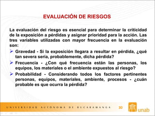 EVALUACIÓN DE RIESGOS
La evaluación del riesgo es esencial para determinar la criticidad
de la exposición a pérdidas y asignar prioridad para la acción. Las
tres variables utilizadas con mayor frecuencia en la evaluación
son:
 Gravedad - Si la exposición llegara a resultar en pérdida, ¿qué
tan severa sería, probablemente, dicha pérdida?
 Frecuencia - ¿Con qué frecuencia están las personas, los
equipos, los materiales o el ambiente expuestos al riesgo?
 Probabilidad - Considerando todos los factores pertinentes
personas, equipos, materiales, ambiente, procesos - ¿cuán
probable es que ocurra la pérdida?
30
 