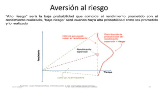 Aversión al riesgo
“Alto riesgo” será la baja probabilidad que coincida el rendimiento prometido con el
rendimiento realizado, “bajo riesgo” será cuando haya alta probabilidad entre los prometido
y lo realizado
Fuente: Juan Mascareñas, Introducción a los mercados financieros
M.Sc. Econ. EFRAIN MORALES CORREA01/11/2016 19
 