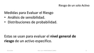 Riesgo de un solo Activo
Medidas para Evaluar el Riesgo
• Análisis de sensibilidad.
• Distribuciones de probabilidad.
Estas se usan para evaluar el nivel general de
riesgo de un activo especifico.
M.Sc. Econ. EFRAIN MORALES CORREA01/11/2016 21
 