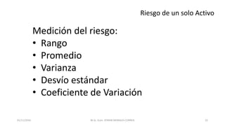 Riesgo de un solo Activo
Medición del riesgo:
• Rango
• Promedio
• Varianza
• Desvío estándar
• Coeficiente de Variación
M.Sc. Econ. EFRAIN MORALES CORREA01/11/2016 22
 