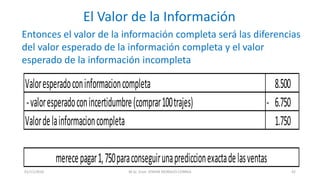 El Valor de la Información
Entonces el valor de la información completa será las diferencias
del valor esperado de la información completa y el valor
esperado de la información incompleta
8.500
6.750-
1.750
Valoresperadoconinformacioncompleta
-valoresperadoconincertidumbre(comprar100trajes)
Valordelainformacioncompleta
merecepagar1,750paraconseguirunaprediccionexactadelasventas
M.Sc. Econ. EFRAIN MORALES CORREA01/11/2016 42
 