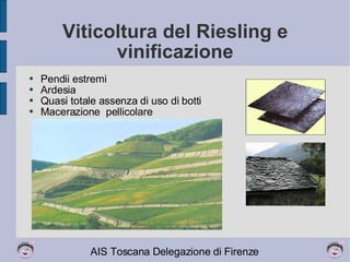 Viticoltura del Riesling e vinificazione Pendii estremi Ardesia  Quasi totale assenza di uso di botti Macerazione  pellicolare 