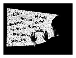 Eloqua
                  Marketo
          Hubspot
         op       G enius
Sil verP
              Hoover’s
 In side View
                  SAVO
   Brainshark

 S alesforce
 