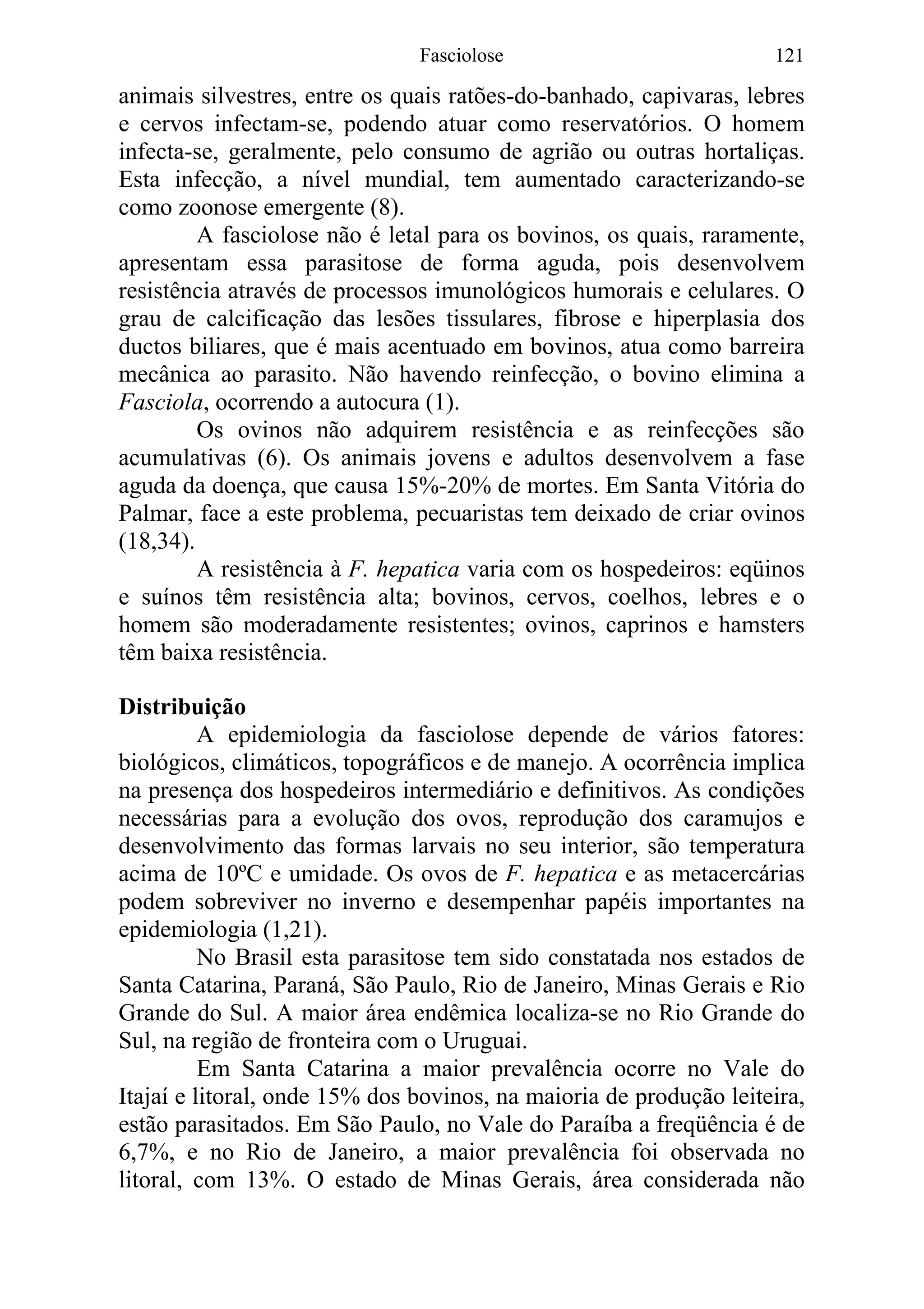 Fasciolose 121
animais silvestres, entre os quais ratões-do-banhado, capivaras, lebres
e cervo
as lesões tissulares, fibrose e hiperplasia dos
ductos
cia e as reinfecções são
acumul
e hamsters
têm baixa resistência.
Distribuição
A epidemiologia da fasciolose depende de vários fatores:
biológicos, climáticos, topográficos e de manejo. A ocorrência implica
na presença dos hospedeiros intermediário e definitivos. As condições
necessárias para a evolução dos ovos, reprodução dos caramujos e
desenvolvimento das formas larvais no seu interior, são temperatura
acima de 10ºC e umidade. Os ovos de F. hepatica e as metacercárias
podem sobreviver no inverno e desempenhar papéis importantes na
epidemiologia (1,21).
No Brasil esta parasitose tem sido constatada nos estados de
Santa Catarina, Paraná, São Paulo, Rio de Janeiro, Minas Gerais e Rio
Grande do Sul. A maior área endêmica localiza-se no Rio Grande do
Sul, na região de fronteira com o Uruguai.
Em Santa Catarina a maior prevalência ocorre no Vale do
Itajaí e litoral, onde 15% dos bovinos, na maioria de produção leiteira,
estão parasitados. Em São Paulo, no Vale do Paraíba a freqüência é de
6,7%, e no Rio de Janeiro, a maior prevalência foi observada no
litoral, com 13%. O estado de Minas Gerais, área considerada não
s infectam-se, podendo atuar como reservatórios. O homem
infecta-se, geralmente, pelo consumo de agrião ou outras hortaliças.
Esta infecção, a nível mundial, tem aumentado caracterizando-se
como zoonose emergente (8).
A fasciolose não é letal para os bovinos, os quais, raramente,
apresentam essa parasitose de forma aguda, pois desenvolvem
resistência através de processos imunológicos humorais e celulares. O
grau de calcificação d
biliares, que é mais acentuado em bovinos, atua como barreira
mecânica ao parasito. Não havendo reinfecção, o bovino elimina a
Fasciola, ocorrendo a autocura (1).
Os ovinos não adquirem resistên
ativas (6). Os animais jovens e adultos desenvolvem a fase
aguda da doença, que causa 15%-20% de mortes. Em Santa Vitória do
Palmar, face a este problema, pecuaristas tem deixado de criar ovinos
(18,34).
A resistência à F. hepatica varia com os hospedeiros: eqüinos
e suínos têm resistência alta; bovinos, cervos, coelhos, lebres e o
homem são moderadamente resistentes; ovinos, caprinos
 