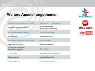 Weitere Ausstellungsthemen
Geschäftsprozessmanagement (BPM) Zeitwirtschaft / Zugang / Zutritt
Projektmanagement-Systeme
IT-Dienstleistungen
(Beratung, Finanzierung)
Wissensmanagement-Systeme Scan-Dienstleistungen
Archivierung System-Integration
Formularerfassung und -verarbeitung PDF/A-Erstellung
Elektronische Signatur Adressmanagement
Scanner, Drucker, Plotter,
Multifunktionsgeräte Open Source
IT-Sicherheit Datenzentrum & Infrastruktur
Dialogmarketing Social / Mobile CRM
Leadmanagement Beschwerdemanagement
 