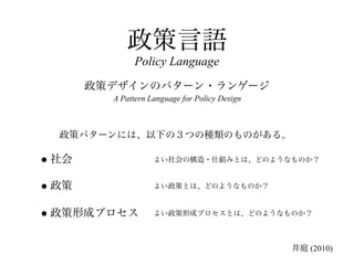 政策言語
              Policy Language
       政策デザインのパターン・ランゲージ
         A Pattern Language for Policy Design



  政策パターンには、以下の３つの種類のものがある。

● 社会                よい社会の構造・仕組みとは、どのようなものか？


● 政策                よい政策とは、どのようなものか？


● 政策形成プロセス          よい政策形成プロセスとは、どのようなものか？



                                                井庭 (2010)
 
