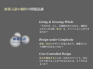 政策言語の制作の問題意識


                    Living & Growing Whole
                    「生き生き」とし、多様性がありながら、調和が
                    とれている全体（社会）を、どうつくることができ
                    るのか？


  政策言語              Design under Complexity
  Policy Language
                    政策／社会のデザイン行為にあたり、複雑さにど
                    う対峙すればよいのか？


                    User-Controlled Design
                    社会を構成する人々が、自分たちでつくり、自分
                    たちで育てることができるためには、どうすれば
                    よいか？
 