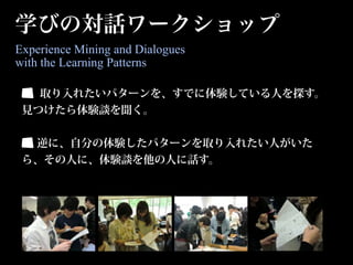 学びの対話ワークショップ
Experience Mining and Dialogues
with the Learning Patterns

   取り入れたいパターンを、すでに体験している人を探す。
 見つけたら体験談を聞く。


  逆に、自分の体験したパターンを取り入れたい人がいた
 ら、その人に、体験談を他の人に話す。
 