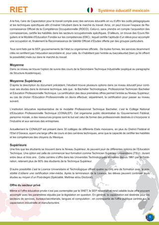 Système éducatif mexicainRIET
A la fois, l’aire de Capacitation pour le travail compte avec des services éducatifs en vu d’offrir les outils pédagogiques
et les techniques spécifiques afin d’insérer l’étudiant dans le marché du travail. Ainsi, on peut trouver l’espace de Re-
connaissance Officiel de la Compétence Occupationnelle (ROCO). Celui-ci, sans prendre en compte l’acquisition des
connaissances, certifie les habilités dans les secteurs occupationnels spécifiques. D’ailleurs, on trouve des Cours Ré-
guliers et le Modèle d’Education Fondée sur les compétences (EBC) ; lequel certifie l’aptitude d’un élève pour accomplir
une occupation et, finalement la Reconnaissance de Validité Officiel d’Etudes offerte par des groupes particuliers.
Tous sont faits par le SEP, gouvernements de l’état ou organismes officiels . De toutes formes, les services récemment
cités ne certifient pas l’éducation secondaire et, pour cela, ils n’habilitent pas l’entrée au baccalauréat (bien qu’ils offrent
la possibilité) mais oui dans le marché du travail.	
Moyenne
Dans ce niveau se trouve l’option de suivre des cours de la Secondaire Technique Industrielle (expliqué au paragraphe
de Structure Académique).
Moyenne Supérieure
D’après la description du document précédent, l’étudiant trouve plusieurs options dans ce niveau éducatif pour conti-
nuer ses études dans le domaine technique, tels que : le Bachelier Technologique, Professionnel Technicien Bachelier
et Education Professionnelle Technique. La certification des deux premières offres permet l’entrée au Niveau Supérieur;
au cas de choisir l’Education Professionnelle on devra effectuer, séparément, la certification pour passer au niveau
suivant.
L’institution éducative représentative de la modalité Professionnel Technique Bachelier, c’est le Collège National
d’Education Professionnelle Technique (CONALEP). Cet organisme public décentralisé du Gouvernement Fédéral,
personne morale, a des ressources propres sont le but est celui de former des professionnels destinés à s’incorporer à
l’industrie et aux services des entreprises.
Actuellement le CONALEP est présent dans 30 collèges de différents Etats mexicains, en plus du District Fédéral et
l’Etat d’Oaxaca, ayant une large offre de cours et des carrières techniques, ainsi que la capacité de certifier les habilités
et les compétences des citoyens du Mexique.
Supérieure
Une fois que les étudiants se trouvent dans le Niveau Supérieur, ils peuvent jouir de différentes options de l’Education
Technique. Une option est celle de commencer leur formation comme Technicien Supérieur Universitaire (TSU) ; durant
entre deux et trois ans . Cette carrière s’offre dans les Universités Technologiques stimulées depuis 1991 par la Fédé-
ration, retenant plus de 90% des étudiants de la Technique Supérieur.
D’autre possibilité c’est la Licence Universitaire et Technologique offrant quatre ou cinq ans de formation avec la pos-
sibilité d’obtenir une certification inter-média. Après la terminaison de la Licence, les élèves peuvent continuer leurs
études au moyen d’un Post-degré (Spécialité, Maîtrise et/ou Doctorat).
Offre du secteur privé
Même si l’offre éducative privée n’est pas contemplée par le SNET, le SEP reconnaît et rend valable toute offre pouvant
accomplir avec les paramètres stipulés par la législation en question. En général, la capacitation est destinée pour les
secteurs de services, bureaux/secrétariats, langues et computation ; en contrepartie de l’offre publique centrée sur la
capacitation industrielle et manufacturière.
6
 