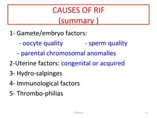 CAUSES	
  OF	
  RIF	
  
(summary	
  )	
  
1-­‐	
  Gamete/embryo	
  factors:	
  
	
  	
  	
  	
  	
  	
  -­‐	
  oocyte	
  quality	
  	
  	
  	
  	
  	
  	
  	
  	
  	
  	
  	
  	
  	
  -­‐	
  sperm	
  quality	
  
	
  	
  	
  	
  	
  -­‐	
  parental	
  chromosomal	
  anomalies	
  
2-­‐Uterine	
  factors:	
  congenital	
  or	
  acquired	
  
3-­‐	
  Hydro-­‐salpinges	
  
4-­‐	
  Immunological	
  factors	
  
5-­‐	
  Thrombo-­‐philias	
  
	
  
O	
  Warda	
   13	
  
 