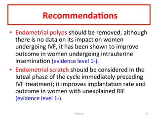  Recommenda=ons	
  	
  
•  Endometrial	
  polyps	
  should	
  be	
  removed;	
  although	
  
there	
  is	
  no	
  data	
  on	
  its	
  impact	
  on	
  women	
  
undergoing	
  IVF,	
  it	
  has	
  been	
  shown	
  to	
  improve	
  
outcome	
  in	
  women	
  undergoing	
  intrauterine	
  
inseminaAon	
  (evidence	
  level	
  1-­‐︎).	
  	
  
•  Endometrial	
  scratch	
  should	
  be	
  considered	
  in	
  the	
  
luteal	
  phase	
  of	
  the	
  cycle	
  immediately	
  preceding	
  
IVF	
  treatment;	
  it	
  improves	
  implantaAon	
  rate	
  and	
  
outcome	
  in	
  women	
  with	
  unexplained	
  RIF	
  
(evidence	
  level	
  1-­‐︎).	
  	
  
O	
  Warda	
   57	
  
 