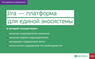 внешние подразделения заказчика
заказчик (digital-подразаделение)
менеджеры подрядчиков (всех)
исполнители подрядичков (по необходимости)
Инструменты управления
в которой сосуществуют:
Jira — платформа
для единой экосистемы
 
