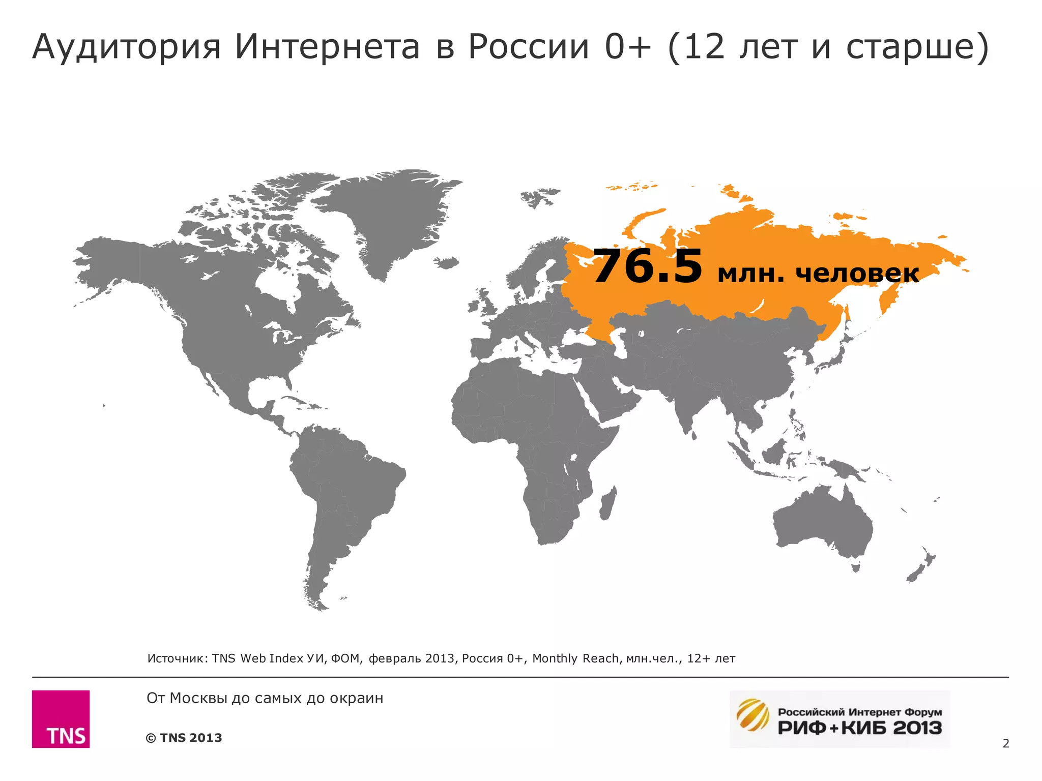 Аудитория Интернета в России 0+ (12 лет и старше)




                                                                         76.5 млн. человек




     Источник: TNS Web Index У И, ФОМ, февраль 2013, Россия 0+, Monthly Reach, млн.чел., 12+ лет


     От Москвы до самых до окраин

     © TNS 2013                                                                                    2
 