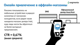 Онлайн привлечение в оффлайн-магазины
15
CTR = 0,67%
(выше среднего)
DNS
Официальный
дилер Asus/Acer
Реклама показывалась на
мобильных устройствах в радиусе
километра от магазинов-
конкурентов, если рядом также
находился магазин дилера Intel,
куда люди могли бы обратиться
за более выгодным
предложением.
 