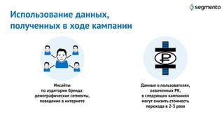 Использование данных,
полученных в ходе кампании
18
Инсайты
по аудитории бренда:
демографические сегменты,
поведение в интернете
Данные о пользователях,
охваченных РК,
в следующих кампаниях
могут снизить стоимость
перехода в 2-3 раза
 