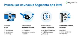 Рекламная кампания Segmento для Intel
19
Большой
охват
(7 миллионов
качественных
контактов)
Оптимизация
в режиме онлайн
(Стоимость
конверсии снижена
на 25%)
Измеримое влияние
на бренд
(в цифрах
и выше среднего
по отрасли)
Разумная цена
за клик и действие
(105 450 переходов
и 3 100 целевых
действий)
 