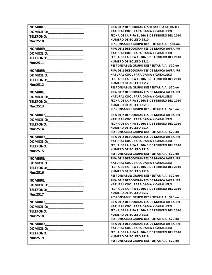 formato boletos rifa