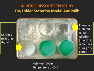 IN VITRO DISSOLUTION STUDY
Dry Udder Secretion Model And Milk
Phosphate
buffered
saline
solution
(model of
secretions
during dry
period)
Milk as a
milieu at
dry off
Volume : 900 ml
Temperature : 40°C
 