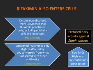 RIFAXIMIN ALSO ENTERS CELLS
Despite non-absorbed
there is evidence that
Rifaximin penetrates
cells, including epithelial
cells and leukocytes
Mencarelli 2010
Activity of rifaximin is only
slightly affected by
pH, conversely from what
is observed with other
antibiotics
Scarpignato 1999
Extraordinary
activity against
Staph. aureus
Low MICs
High local
concentrations
Long action
 