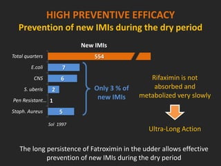 HIGH PREVENTIVE EFFICACY
Prevention of new IMIs during the dry period
5
1
2
6
7
554
Staph. Aureus
Pen Resistant…
S. uberis
CNS
E.coli
Total quarters
New IMIs
Sol 1997
Only 3 % of
new IMIs
The long persistence of Fatroximin in the udder allows effective
prevention of new IMIs during the dry period
Rifaximin is not
absorbed and
metabolized very slowly
Ultra-Long Action
 