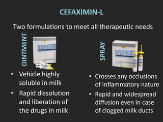 CEFAXIMIN-L
Two formulations to meet all therapeutic needs
• Vehicle highly
soluble in milk
• Rapid dissolution
and liberation of
the drugs in milk
• Crosses any occlusions
of inflammatory nature
• Rapid and widespread
diffusion even in case
of clogged milk ducts
SPRAY
OINTMENT
 