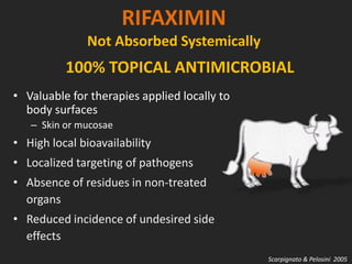 RIFAXIMIN
Not Absorbed Systemically
• Valuable for therapies applied locally to
body surfaces
– Skin or mucosae
• High local bioavailability
• Localized targeting of pathogens
• Absence of residues in non-treated
organs
• Reduced incidence of undesired side
effects
Scarpignato & Pelosini 2005
100% TOPICAL ANTIMICROBIAL
 