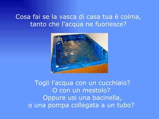 Cosa fai se la vasca di casa tua è colma,  tanto che l'acqua ne fuoriesce?  Togli l'acqua con un cucchiaio?  O con un mestolo?  Oppure usi una bacinella,  o una pompa collegata a un tubo?    