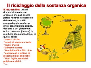 Il riciclaggio della sostanza organicaIl riciclaggio della sostanza organica
Il 30% dei rifiutiIl 30% dei rifiuti urbani
domestici è materiale
organico che può essere
perciò reintrodotto nel ciclo
della natura, infatti il
compostaggio trasforma i
rifiuti organici della cucina,
dell’orto e del giardino in
ottimo compost (humus) da
restituire alla natura. Alcuni di
questi sono:
avanzi di cibo
scarti di verdura o frutta
gusci d’uovo
alimenti avariati
fondi di caffè e filtri di tè
escrementi e lettiere di
piccoli animali domestici
fiori, foglie, residui di
potature e sfalci
…
 