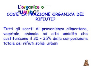 L’ o r g a n i c o  o   “ U M I D O ” COS’E’ LA FRAZIONE ORGANICA DEI RIFIUTI? Tutti gli scarti di provenienza alimentare, vegetale, animale ad alta umidità che costituiscono il 30 – 35% della composizione totale dei rifiuti solidi urbani  