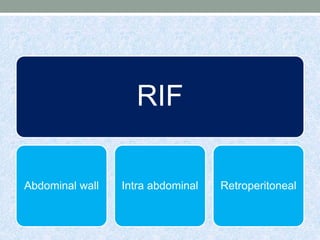 RIF
Abdominal wall Intra abdominal Retroperitoneal
 