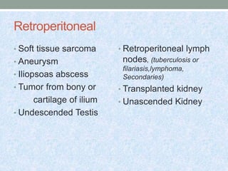 Retroperitoneal
• Soft tissue sarcoma
• Aneurysm
• Iliopsoas abscess
• Tumor from bony or
cartilage of ilium
• Undescended Testis
• Retroperitoneal lymph
nodes, (tuberculosis or
filariasis,lymphoma,
Secondaries)
• Transplanted kidney
• Unascended Kidney
 