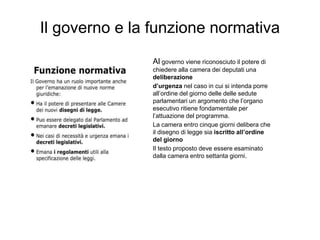 Il governo e la funzione normativa
Al governo viene riconosciuto il potere di
chiedere alla camera dei deputati una
deliberazione
d’urgenza nel caso in cui si intenda porre
all’ordine del giorno delle delle sedute
parlamentari un argomento che l’organo
esecutivo ritiene fondamentale per
l’attuazione del programma.
La camera entro cinque giorni delibera
che il disegno di legge sia iscritto
all’ordine del giorno
Il testo proposto deve essere esaminato
dalla camera entro settanta giorni.
 