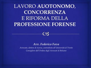 Avv. Federico Fava
Avvocato, dottore di ricerca, contrattista all’Università di Trento
Consigliere dell’Ordine degli Avvocati di Bolzano
 
