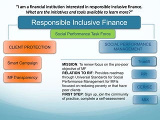 Responsible Inclusive Finance
CLIENT PROTECTION
SOCIAL PERFORMANCE
MANAGEMENT
Smart Campaign
MFTransparency
MISSION: To renew focus on the pro-poor
objective of MF
RELATION TO RIF: Provides roadmap
through Universal Standards for Social
Performance Management for MFIs
focused on reducing poverty or that have
poor clients
FIRST STEP: Sign up, join the community
of practice, complete a self-assessment
Social Performance Task Force
Truelift
CERISE
PPI
MIX
 
