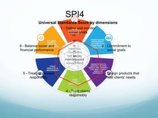 0
20
40
60
80
100
1 - Define and monitor
social goals
2 - Commitment to
social goals
3 - Design products that
meet clients' needs
4 - Treat clients
responsibly
5 - Treat employees
responsibly
6 - Balance social and
financial performance
Universal Standards Score by dimensions
SPI4
 