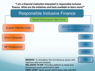 Responsible Inclusive Finance
CLIENT PROTECTION SOCIAL PERFORMANCE
MANAGEMENT
Smart Campaign
MFTransparency
MISSION: To strengthen the microfinance sector with
objective data and analysis
RELATION TO RIF: Provides platform to share and
benchmark social performance data
FIRST STEP: Share social performance data with MIX
Social Performance Task Force
Truelift
CERISE
PPI
MIX
 