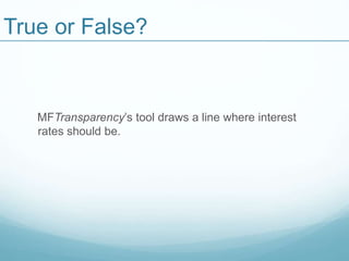 True or False?
MFTransparency’s tool draws a line where interest
rates should be.
 
