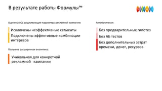 В результате работы Формулы™
Оценены ВСЕ существующие параметры рекламной кампании:
Исключены неэффективные сегменты
Автоматически:
Без предварительных гипотез
Получена расширенная аналитика:
Уникальная для конкретной
рекламной кампании
Подключены эффективные комбинации
интересов
Без АБ тестов
Без дополнительных затрат
времени, денег, ресурсов
 