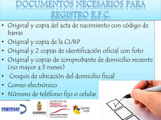 • Original y copia del acta de nacimiento con código de 
barras 
• Original y copia de la CURP 
• Original y 2 copias de identificación oficial con foto 
• Original y copias de comprobante de domicilio reciente 
(no mayor a 3 meses) 
• Croquis de ubicación del domicilio fiscal 
• Correo electrónico 
• Número de teléfono fijo o celular 
 