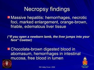 Necropsy findings Massive hepatitis: hemorrhages, necrotic foci, marked enlargement, orange-brown, friable, edematous liver tissue  (“If you open a newborn lamb, the liver jumps into your face” Coetzer) Chocolate-brown digested blood in abomasum, hemorrhages in intestinal mucosa, free blood in lumen 