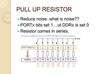 PULL UP RESISTOR
 Reduce noise..what is noise??
 PORTx bits set 1…ut DDRx is set 0
 Resistor comes in series.
 