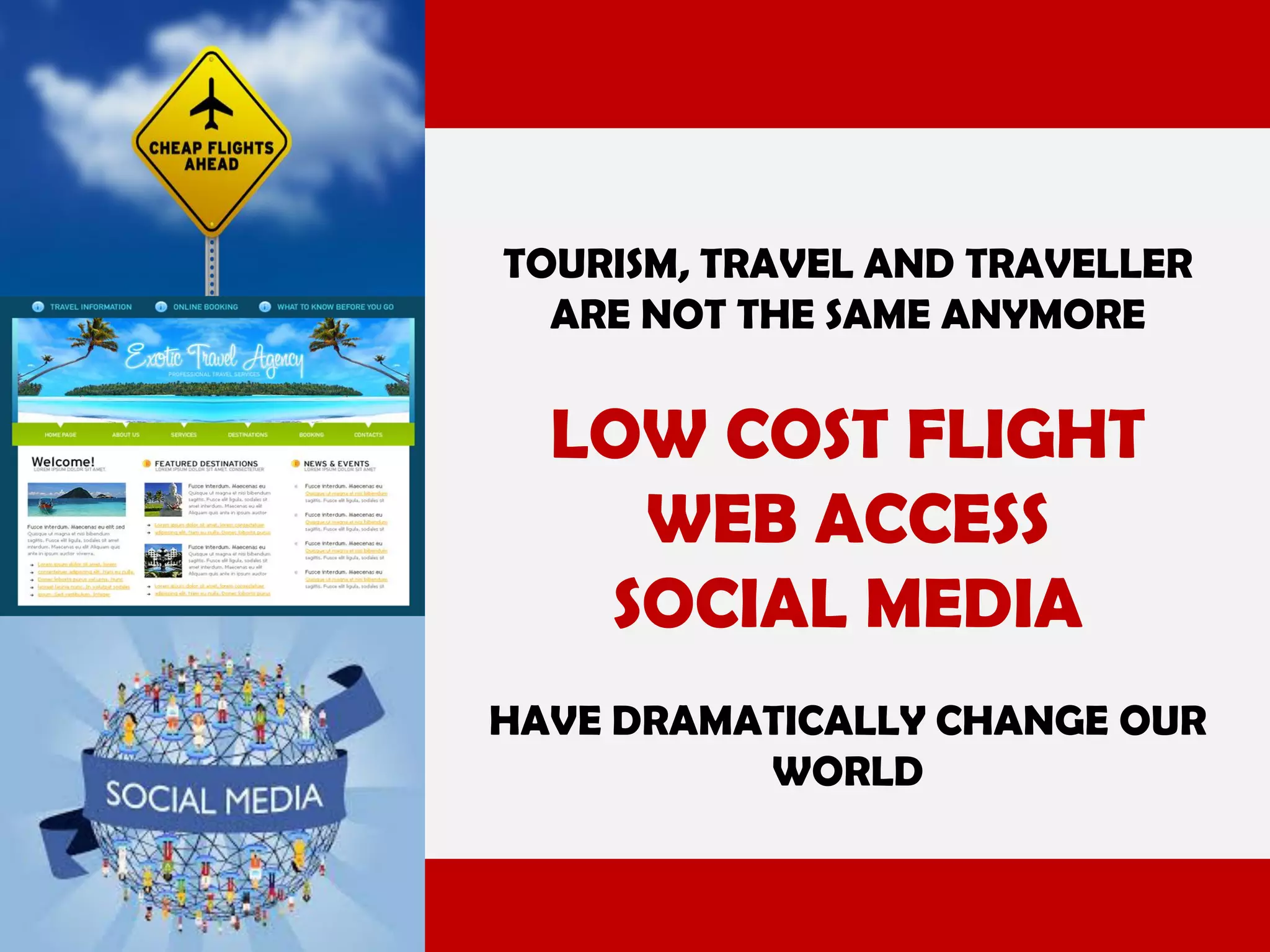 TOURISM, TRAVEL AND TRAVELLER
ARE NOT THE SAME ANYMORE

LOW COST FLIGHT
WEB ACCESS
SOCIAL MEDIA
HAVE DRAMATICALLY CHANGE OUR
WORLD

 