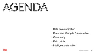 • Data communication
• Document life-cycle & automation
• Case study
• Pain points
• Intelligent automation
4
Private and confidential
 