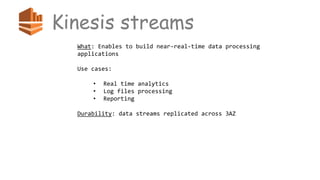 Kinesis streams
What: Enables to build near-real-time data processing
applications
Use cases:
• Real time analytics
• Log files processing
• Reporting
Durability: data streams replicated across 3AZ
 