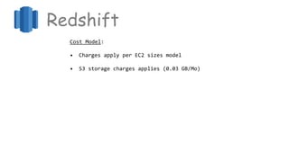 Redshift
Cost Model:
• Charges apply per EC2 sizes model
• S3 storage charges applies (0.03 GB/Mo)
 